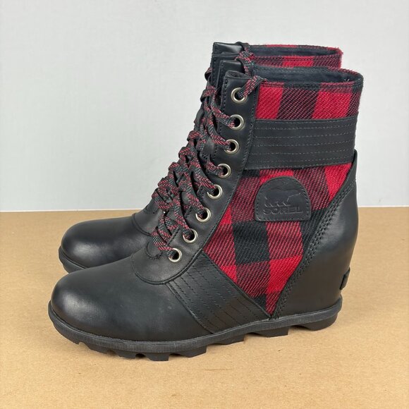 Sorel Lexie Plaid Wedge Boots Womens 10 Black Red Leather Lace Up Casual - Picture 9 of 9